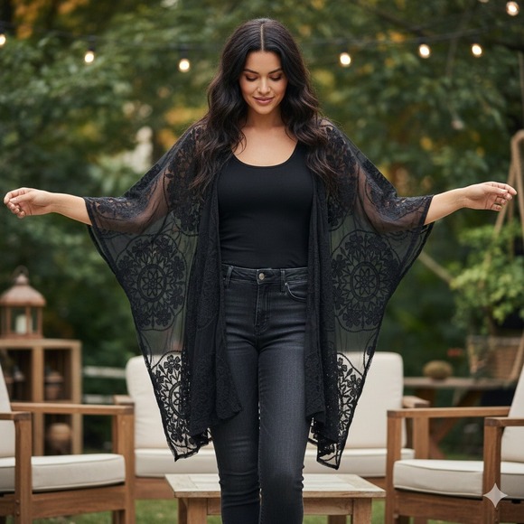 Maurices Womens One Size Black Sheer Lace‎ Open Front Kimono Cardigan Gothic - Picture 2 of 9